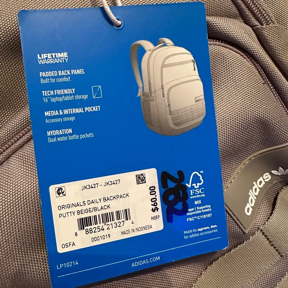 Adidas Backpack in Beige ,holds 16” laptop NWT‎